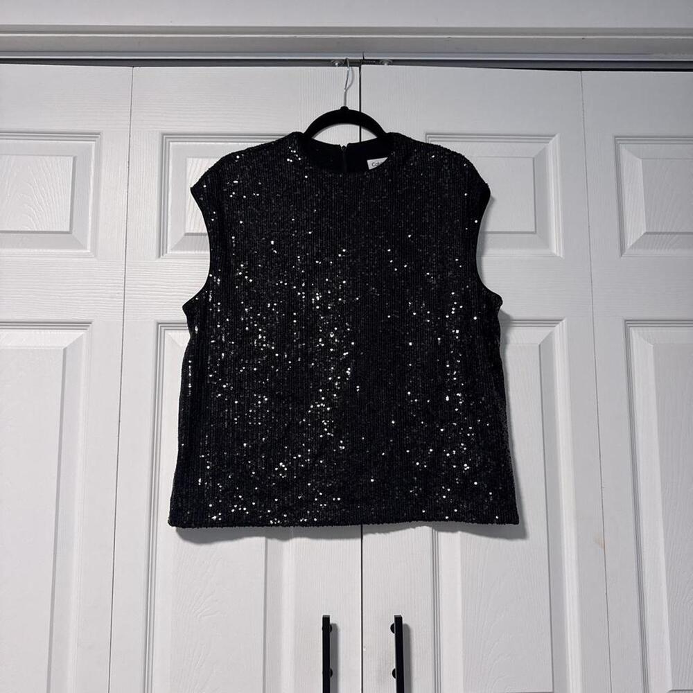 Calvin Klein Black sequin polyester & spandex blouse with silver sequins #glamou